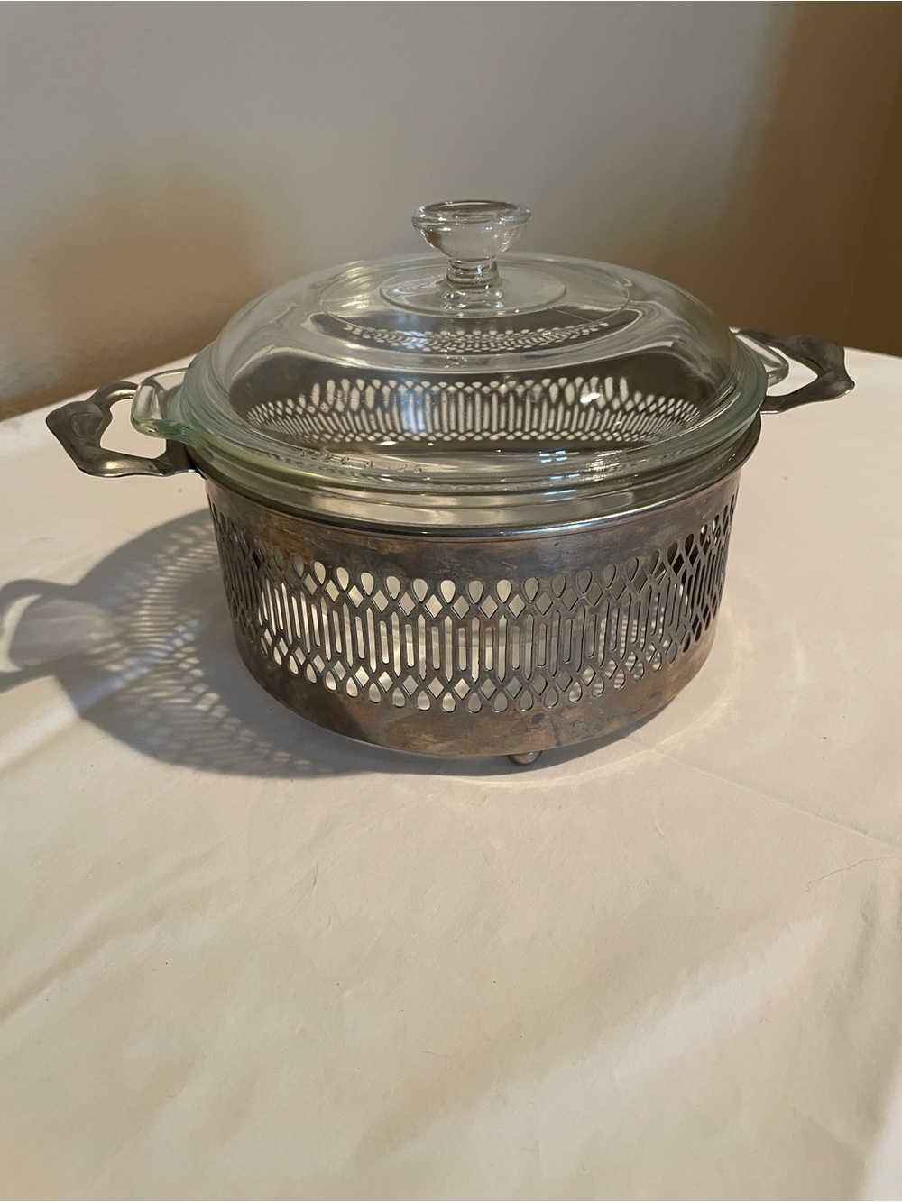 Pyrex Clear Glass Casserole Dish with Decorative Metal Holder & Lid
